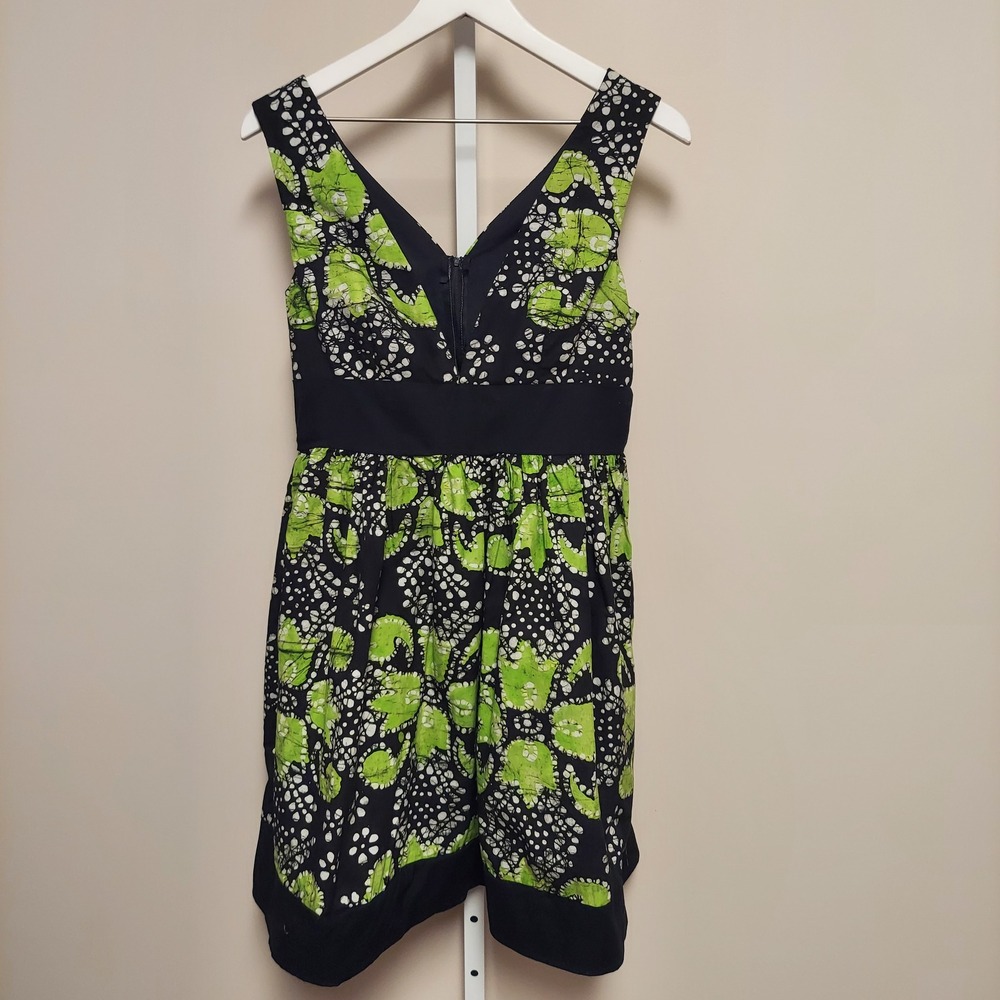 Lime Green Black Batik Elephant Print V-Neck Fit Flare Sleeveless Dress Handmade